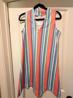 Discount Divas Coral Multi Stripe Sleeveless V-Notch Shift Dress